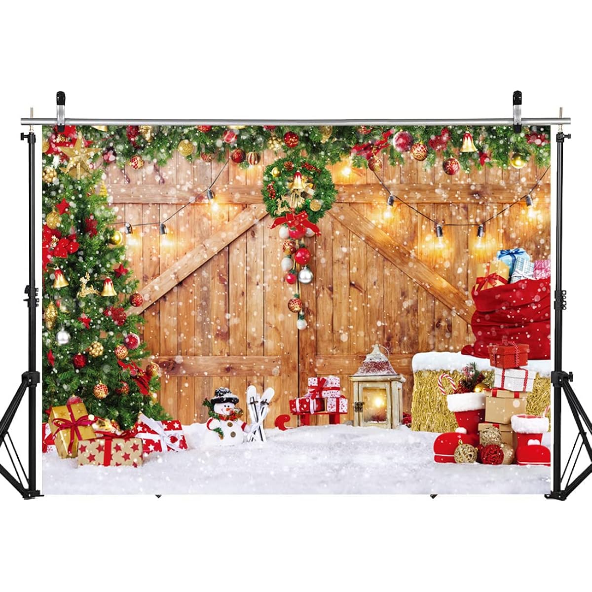 DHXXSC 7X5FT Christmas Backdrop Rustic Christmas Barn Door Christmas Tree Background Christmas Backdrop Merry Christmas Plank Wall Festive Wonderland Party Background Birthday Baby Shower Backdrop DH-220