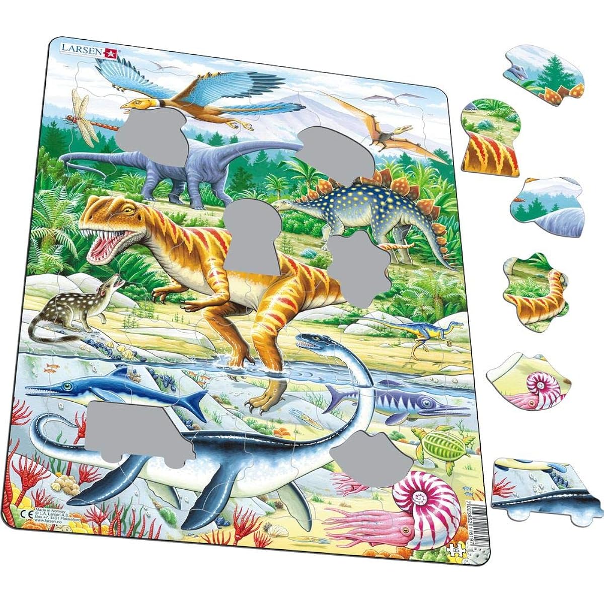 Larsen Puzzles Dinosaur Children's Educational Jigsaw Puzzle - 35 Piece Tray & Frame Style Puzzle - Exclusive Premium Hand Made Imported from Norway
