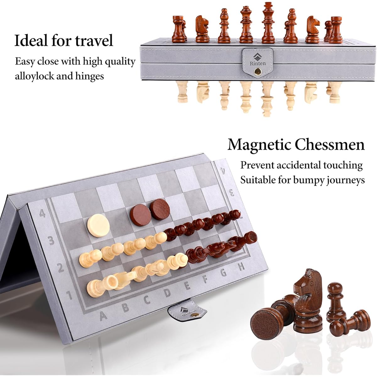 Rinten 15" Magnetic Chess Set Leather Board Game Set for Kids Adults Travel Chess Board Checkers Set 2 in 1 Tournament Pro Beginner