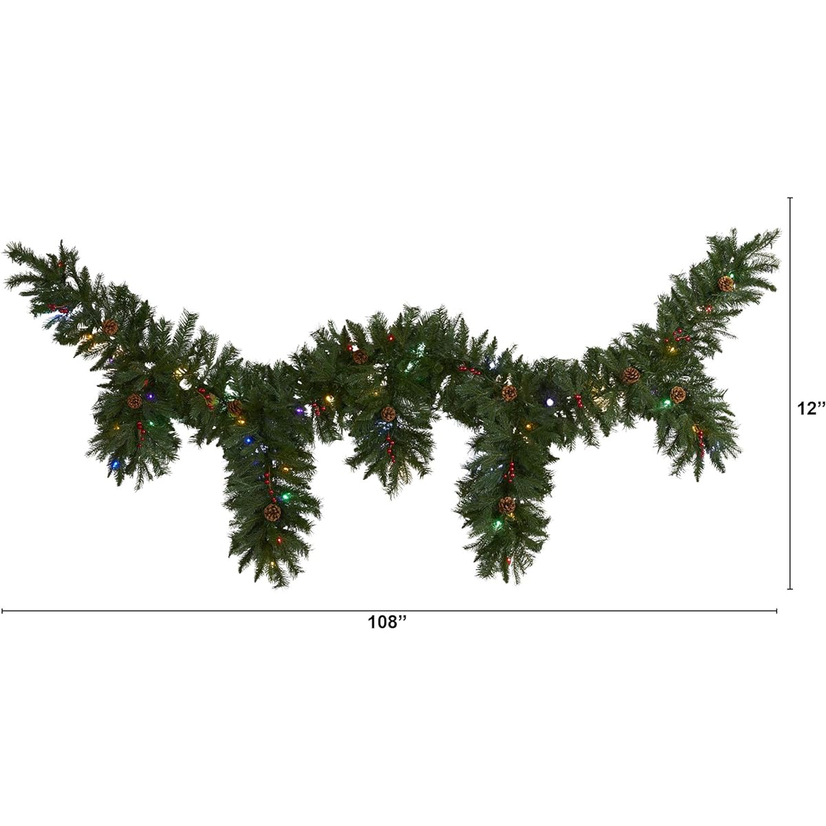 Nearly Natural 9' x 12" Hanging Icicle Artificial Christmas Garland with 50 Multi-Colored LED Lights, Berries, Pine Cones, Green