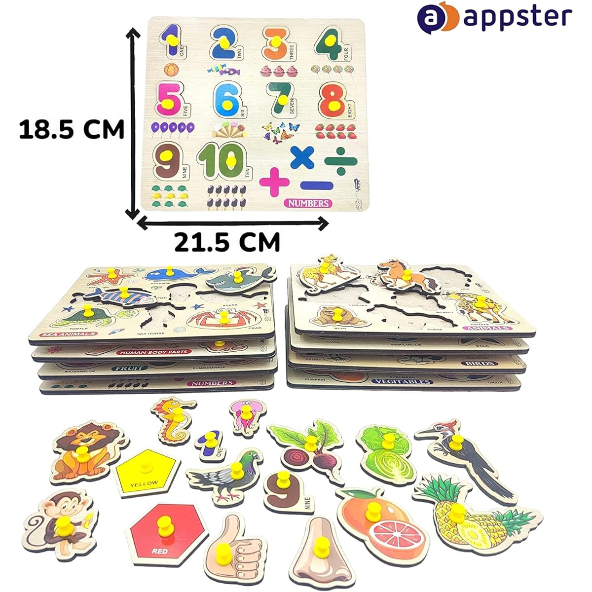 APPSTER Educational Colorful Animals Fruits Vegetables Birds Numbers Body Parts Shape Color Vehicle Monument India Sea Animal Wooden Puzzle Toy Children Learning Toy Board Game (Pack of 10)