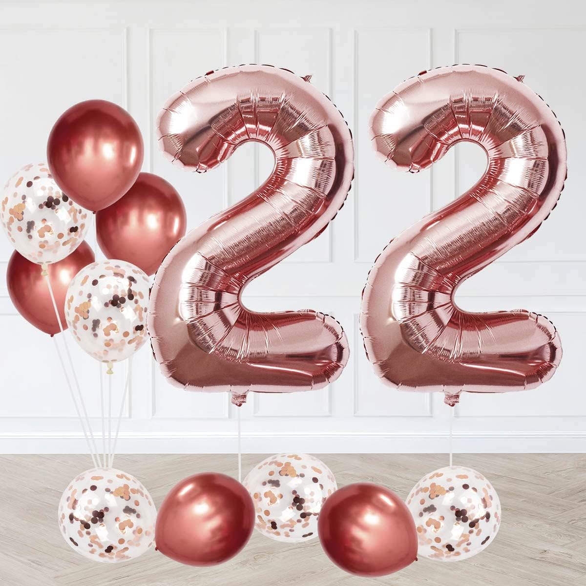 Rose Gold 22nd Birthday Balloon Set, Large 40 Inch Foil Number 22 Jumbo Party Confetti Latex Decorations for Girls