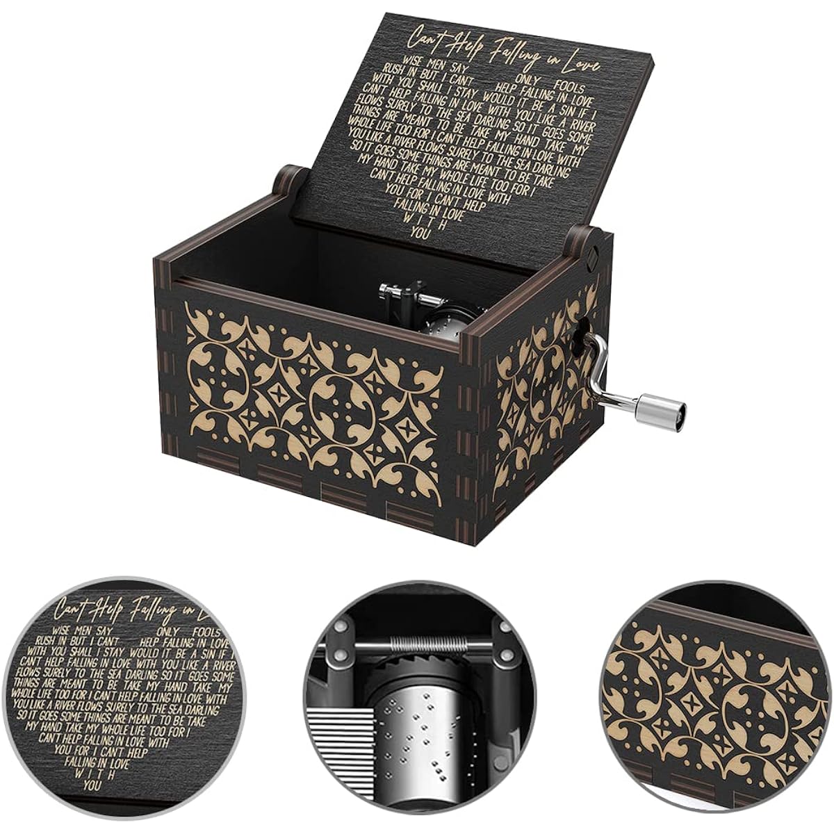 Bolunlun an for her Wooden Music Box - Fall in love without help, Gift for Girlfriend, Boyfriend, Husband, Wife, Lover (Black)
