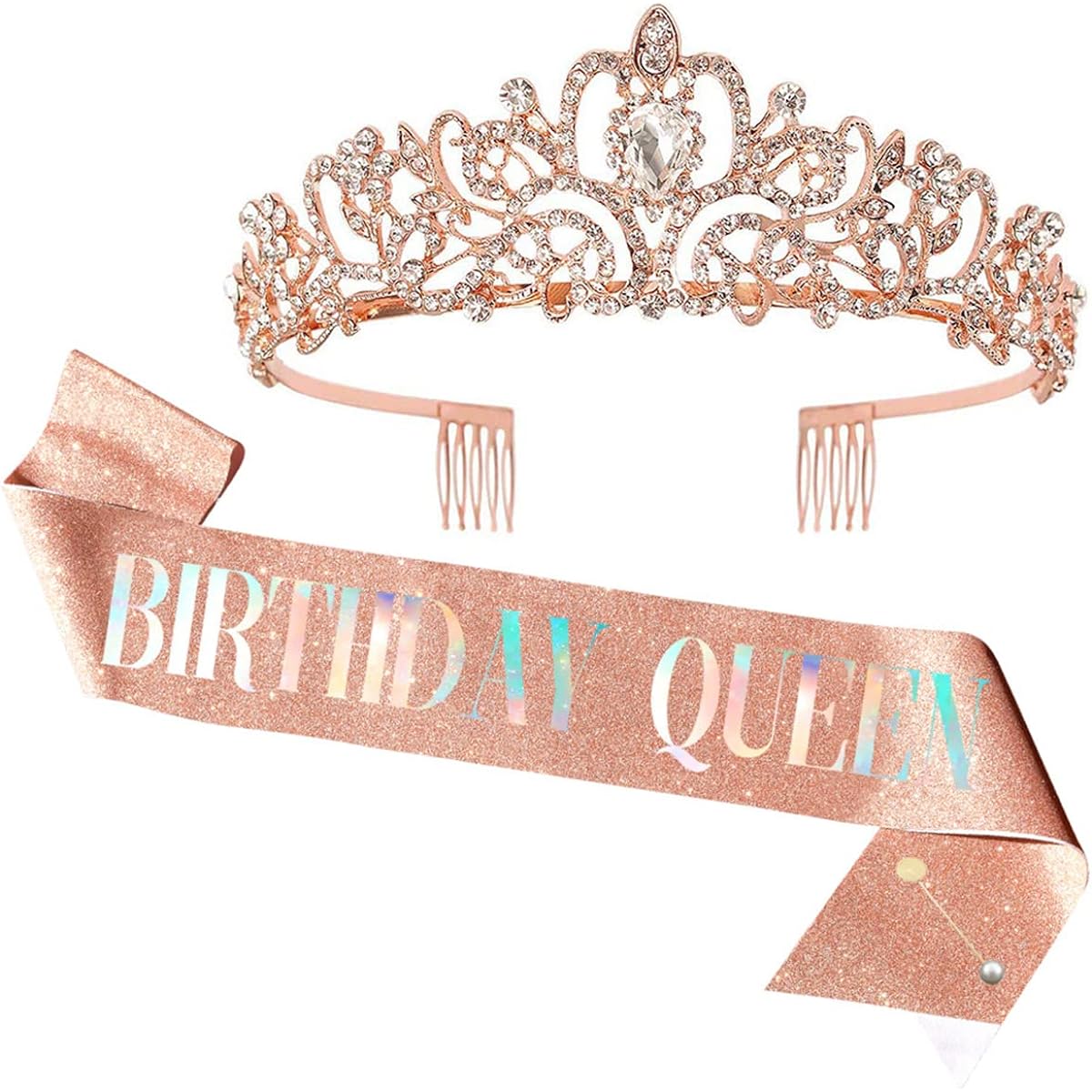 Birthday Queen Sash & Rhinestone Tiara - Rose Gold Birthday Gift Glitter Birthday Sash Birthday Party Favors (Birthday Queen Rose Pink)