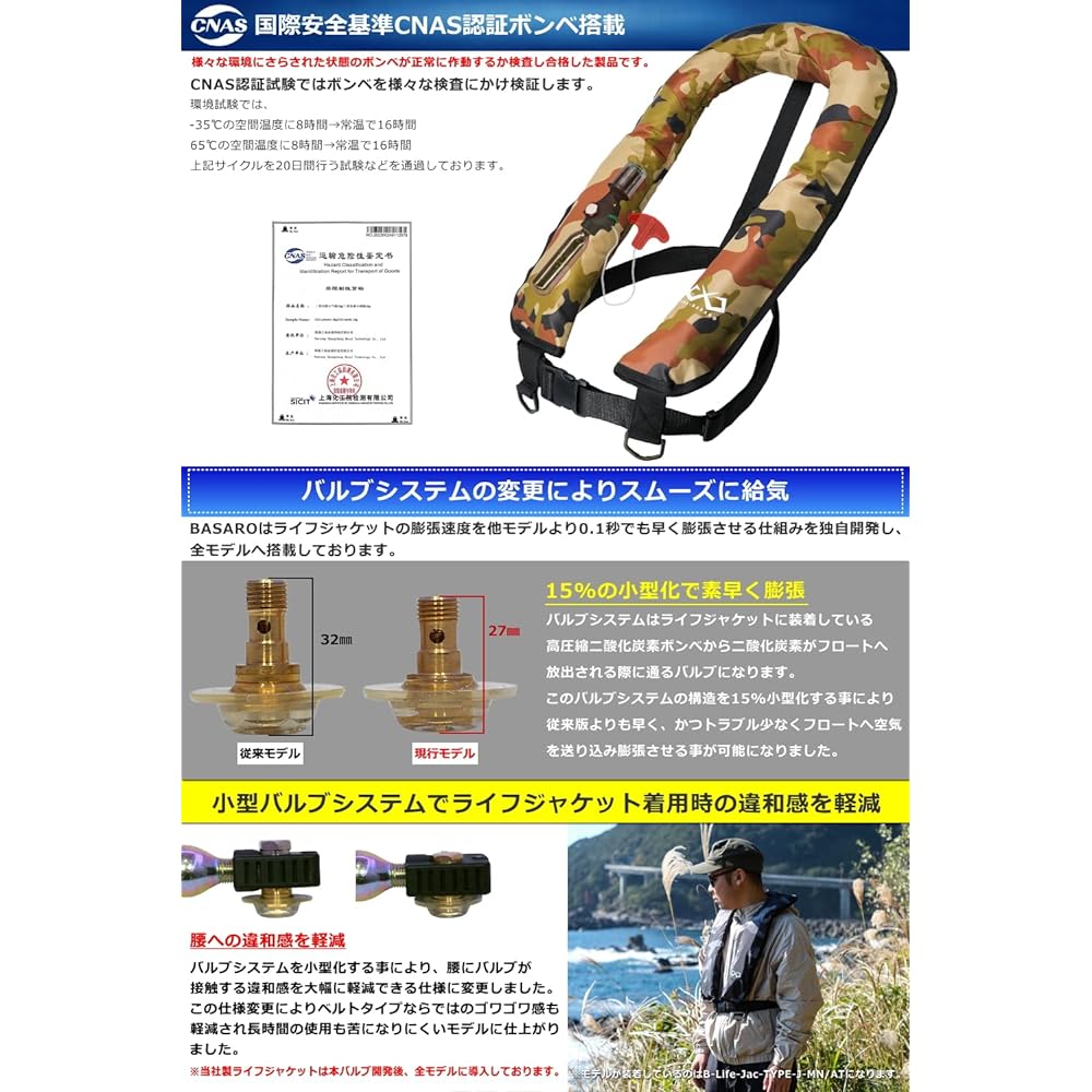 JES-BASARO Automatic Inflatable Life Jacket Life Jacket Automatic/Manual Compatible Model 2 Way Model Shoulder Vest Type Fishing Men Women Buoyancy 150N Japanese Manufacturer B-Life-Jac-TYPE-J-MN/AT Japanese Instruction Manual Equipped with international