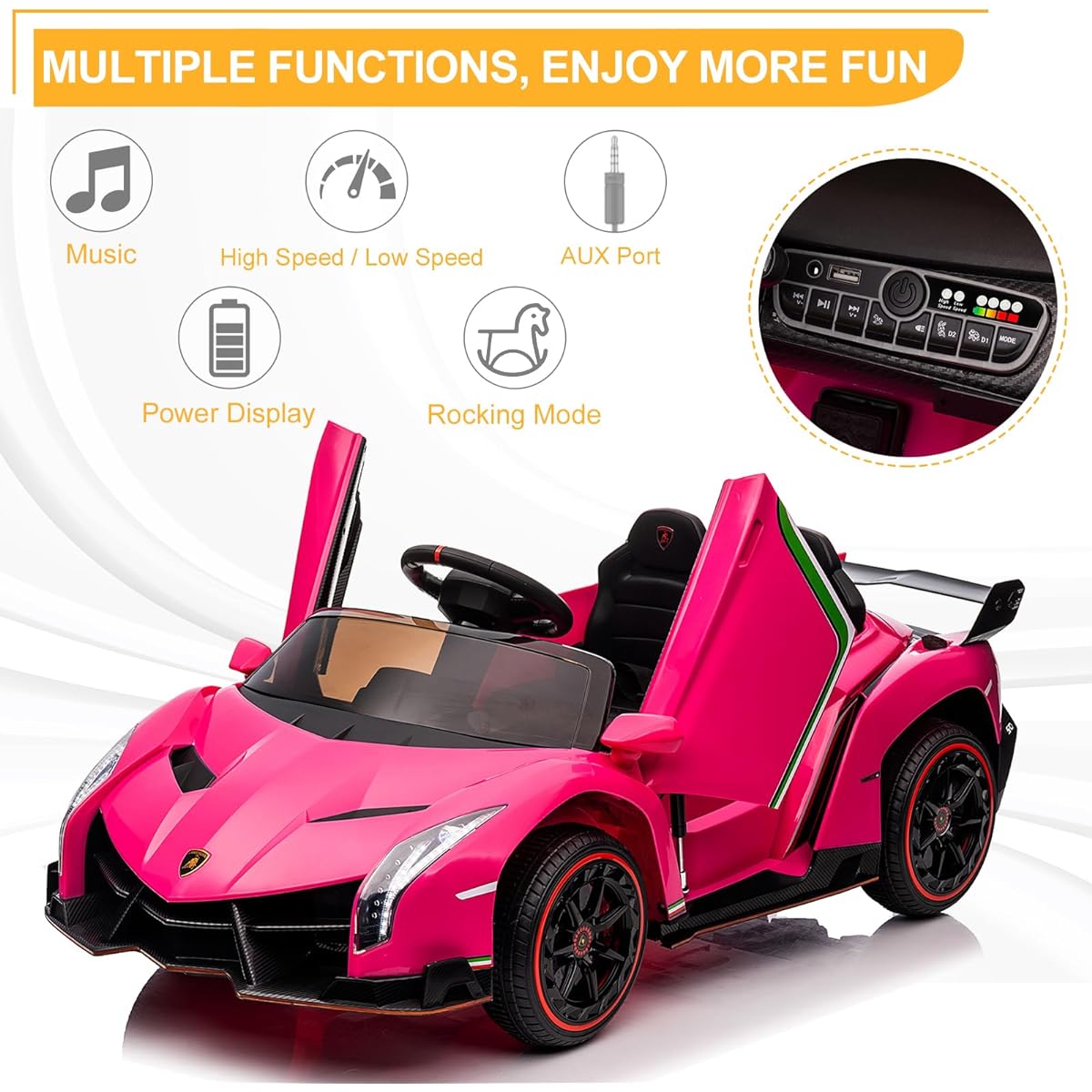 Winado 12V Ride On Car Electric Vehicle Licensed Lamborghini Veneno for Kids Battery Powered Car Toy with Parent Control, Hydraulic Doors, 3 Speeds, LED Headlights, Horn, Engine Sound, Pink