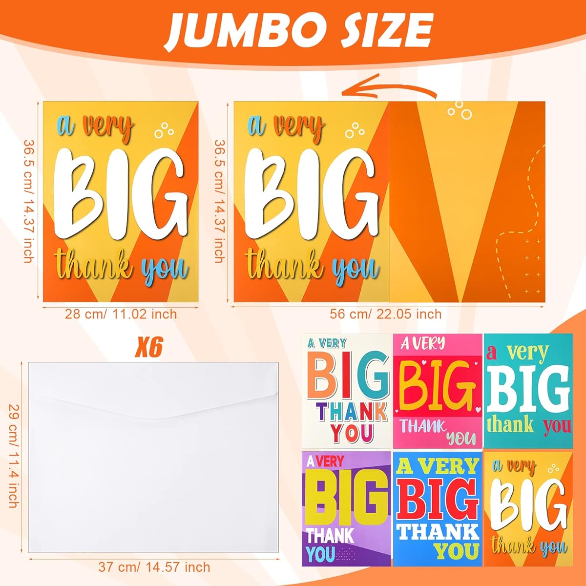 6 Pack Large Thank You Cards Jumbo Thank You Cards with Envelopes Big Funny Greeting Cards Large Thank You Cards for Birthday Thanksgiving Baby Shower Wedding Anniversary 14.4 x 22.1 Inch