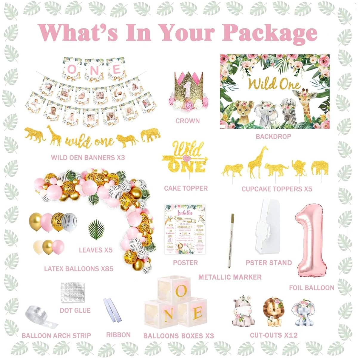 130 Pieces Wild One Birthday Decorations Girls Hombae Safari Jungle Theme 1st Birthday Party Background Balloon Garland Leaves Monthly Photo Highchair Banner Box Cutout Crown Cake Cupcake Topper Pink Gold