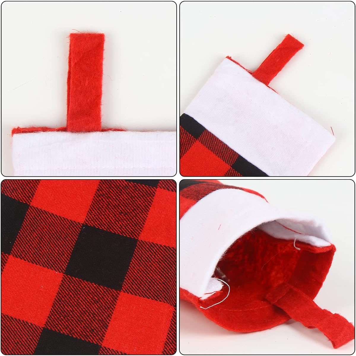 SULOLI 12 Pack Christmas Small Stockings Red and Black Buffalo Check Christmas Hanging Stockings with Plush Cuff for Christmas Party Tree Decorations