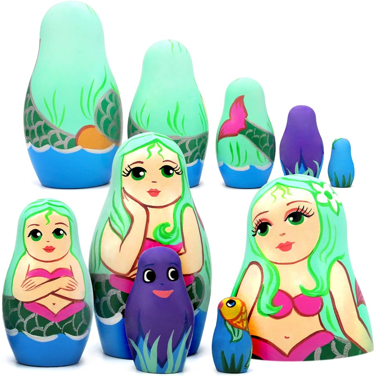 AEVVV Little Mermaid Nesting Dolls 5pcs - Mermaid Matryoshka Dolls - Wooden Russian Stacking Mermaid Dolls - Little Mermaid Gifts for Women