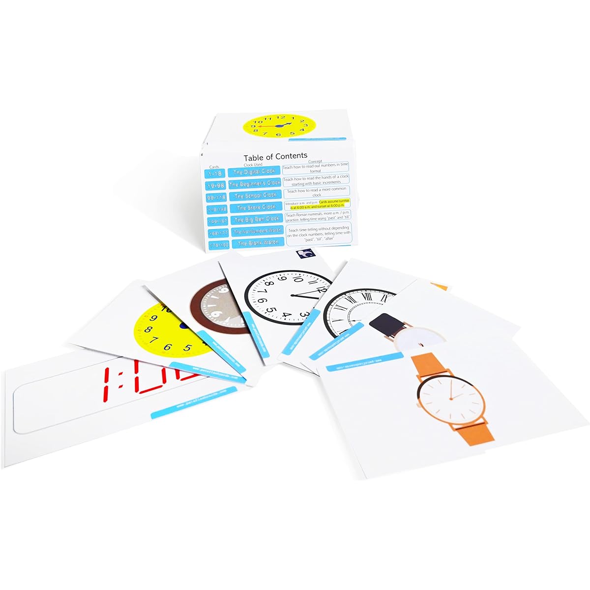 192 laminated comprehensive time-telling flashcards - includes AM, PM, digital, and analog.