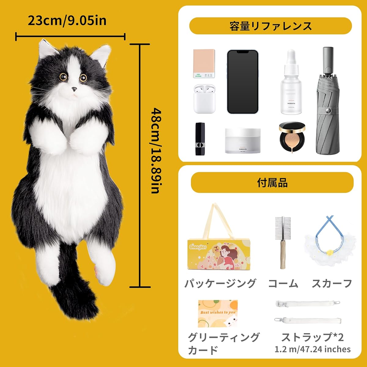 Chongker Handmade Realistic Cat Backpack Cat Stuffed Animal Gift for Pet Lovers Gift for Women (Black Cat Backpack)