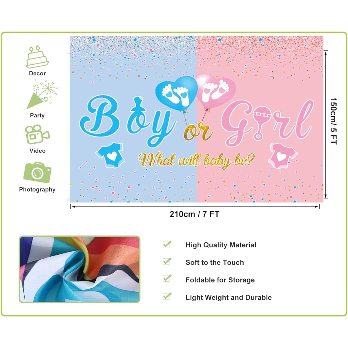 Gender Reveal Decorations, Gender Reveal Banner, 7ft x 5ft, Gender Reveal Backdrop, Blue Pink, Boy or Girl, Gender Reveal Party Supplies, Gender Reveal Decorations