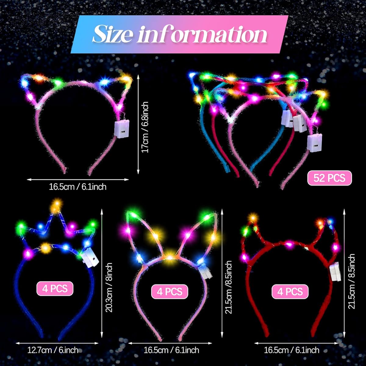 64 Pieces Glowing Cat Ears Headband Bulk LED Rabbit Ears Glow in the Dark Cat Ears Glowing Hair Band Party Supplies for Women Girls Adults Valentine's Day