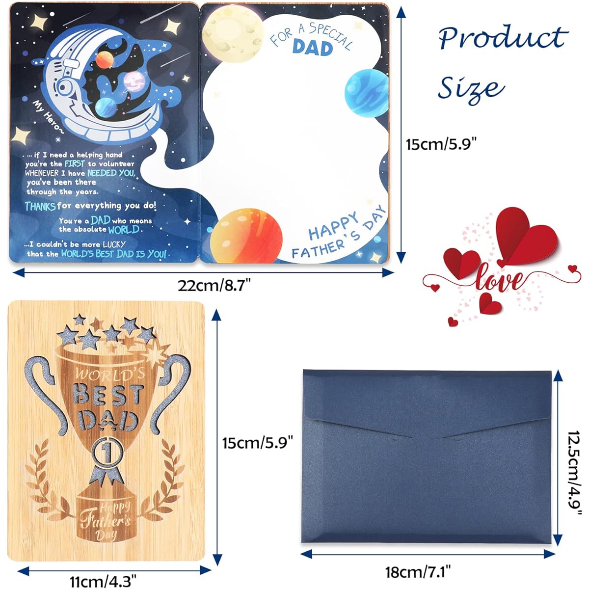 HOWAF Father's Day Cards, Best Dad Ever Wooden Greeting Cards for Father's Day Dad's Birthday Party Supplies, Real Bamboo Wood Gift Cards with Envelopes for Dad from Son and Daughter