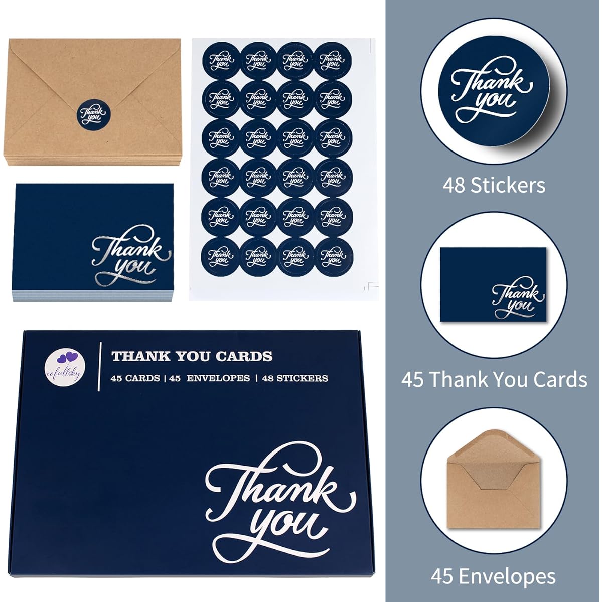 Cofullsky Thank You Cards with Envelopes, 45pcs Navy Blue Thank You Cards Bulk 3.5" x 5" Blank Silver Foil Designs for Bridal, Baby Shower, Wedding, Thank You Note Cards, Small Business, Funeral, Graduation
