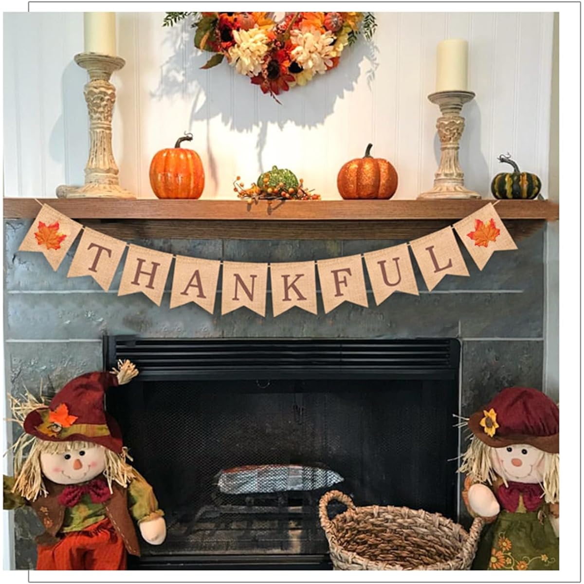 Thankful Burlap Banner Fall Autumn Maple Leaf Rustic Burlap Harvest Banner for Mantel Fireplace Wall Hanging Welcome Home Office School Party Decor Thanksgiving Decor Thanksgiving Wall Decor (Thankful)