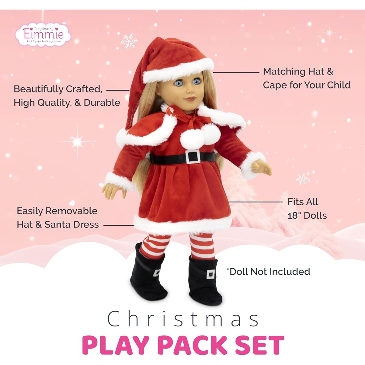 Playtime by Eimmie 18" Girl Doll Classic Christmas Holiday Santa Clothing Pack with Matching Kids Accessories