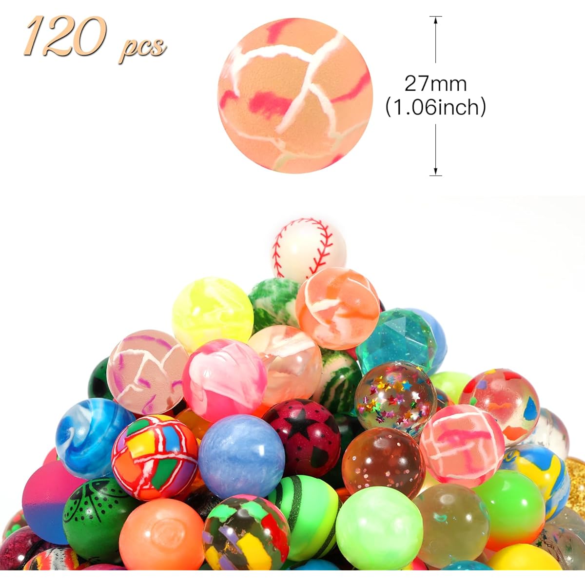 Pllieay 120pcs Bouncy Balls Bulk Rubber Balls 27mm Mixed Color Party Bag Fillers for Kids Party Favors Favors Birthday Gift Vending Machine