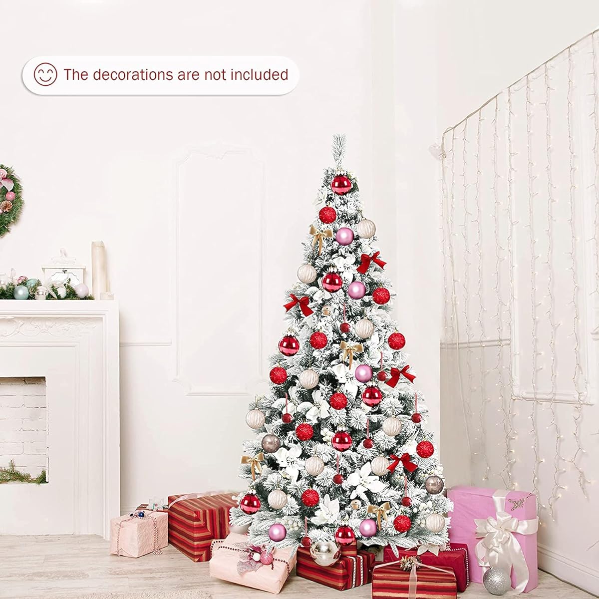 SPSUPE Artificial Snow Flocked Christmas Tree with Hinged Design, White Berries and Poinsettia Flowers, Foldable Metal Stand for School/Office/Home Holiday Decorations (6ft)