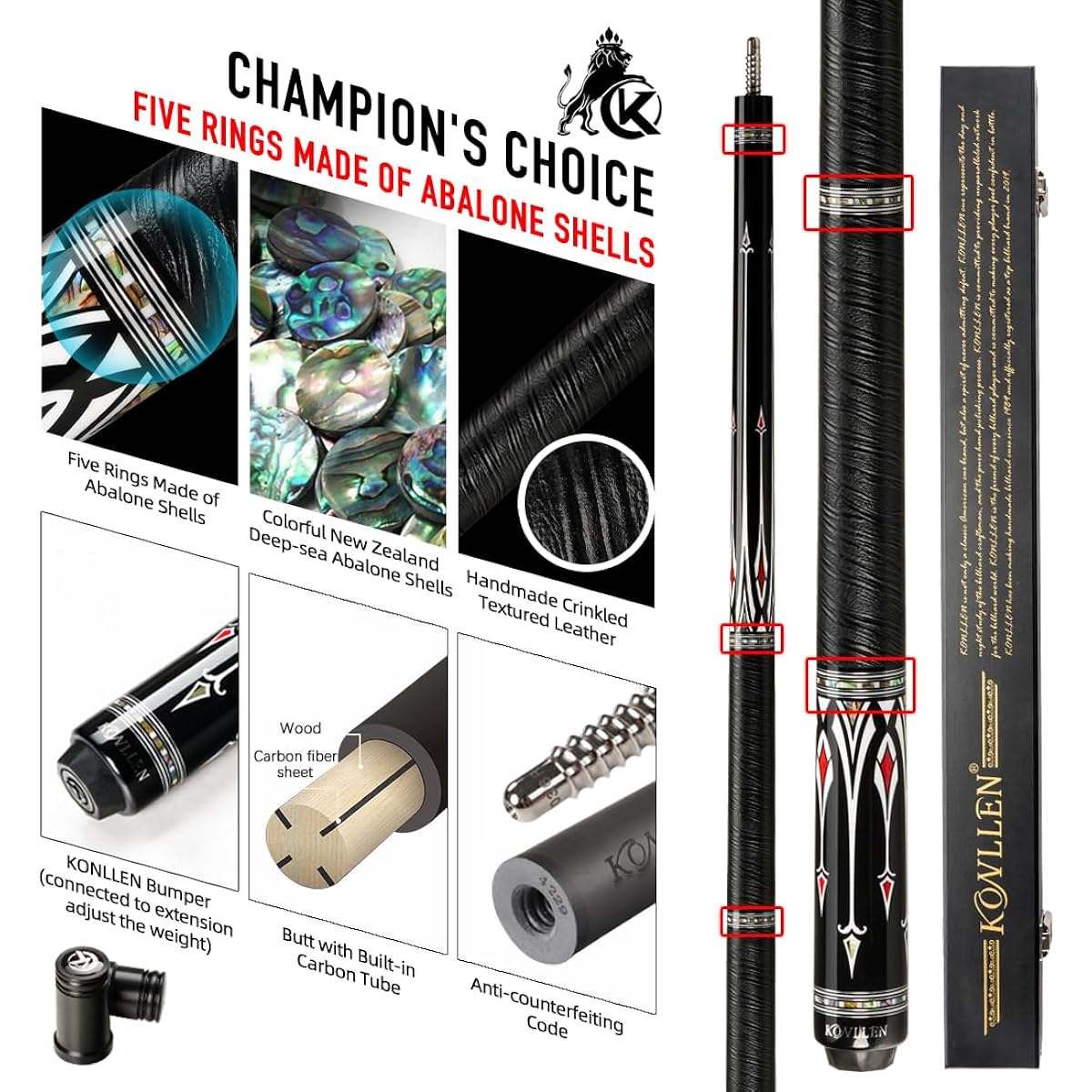 KONLLEN AS Carbon Fiber Inlay Pool Cue Stick 10.5/11.5/12.5mm Leather Wrapped/Wrapless Black Technology Low Deflection Billiard