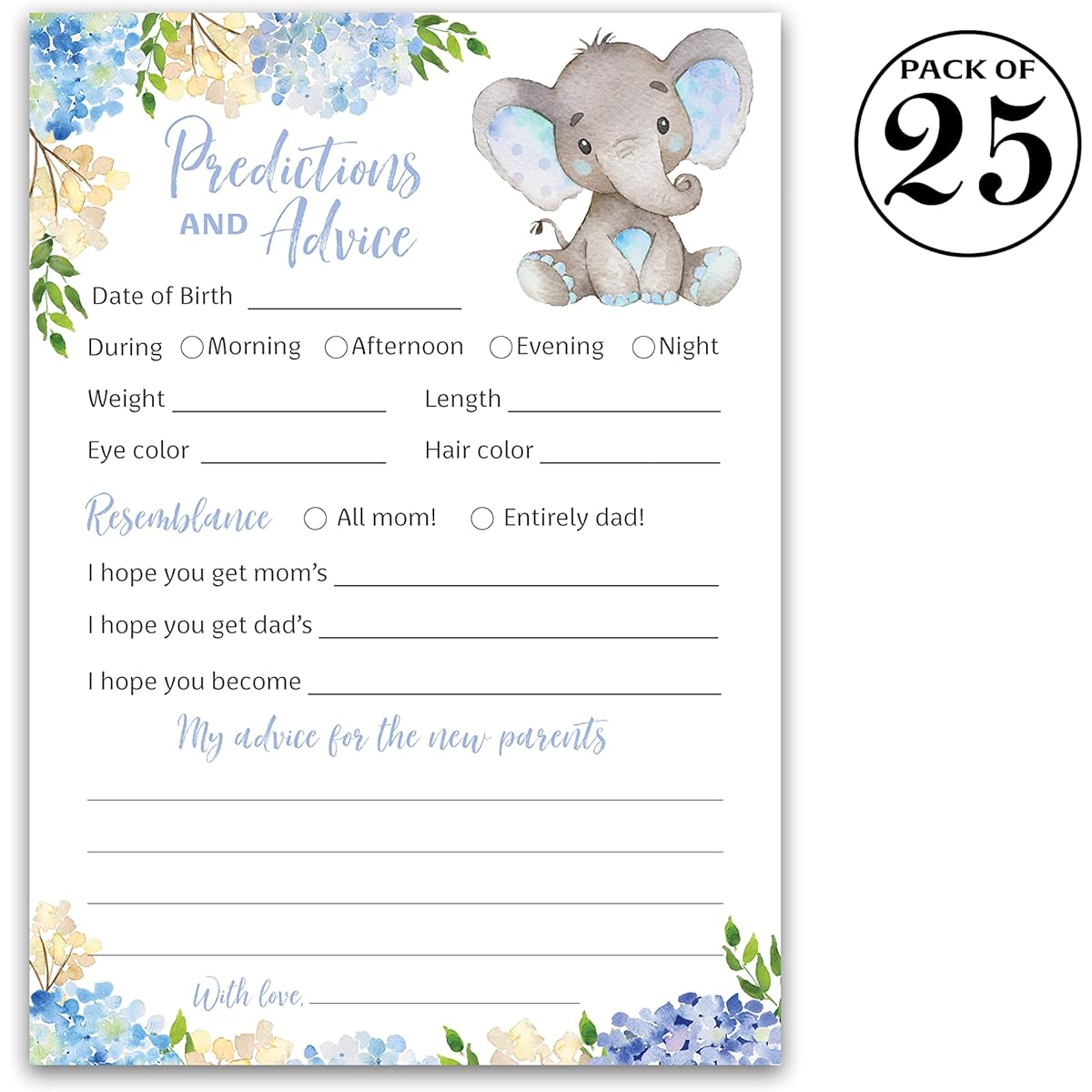 BLUE ELEPHANT Prediction and Advice Cards - 25 Pack - Boy Baby Shower Game for New Parents, Messages for Mommy & Daddy, Couples Coed Shower Activity, Keepsake Book, Floral G531-PDAV