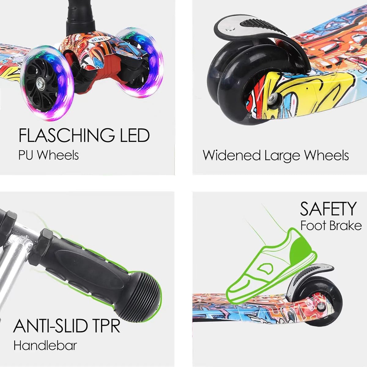Kids Scooter 3 Wheel Kick Scooter for Toddlers Girls Boys 4 Height Adjustable Tilt Steer Extra Wide Deck Light Up Wheels for Kids Ages 3 to 14
