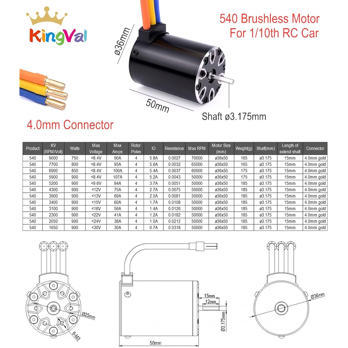 KingVal Replacement 540 6900KV Sensorless Brushless Motor Shaft 3.175mm Compatible with 1/10 RC Car