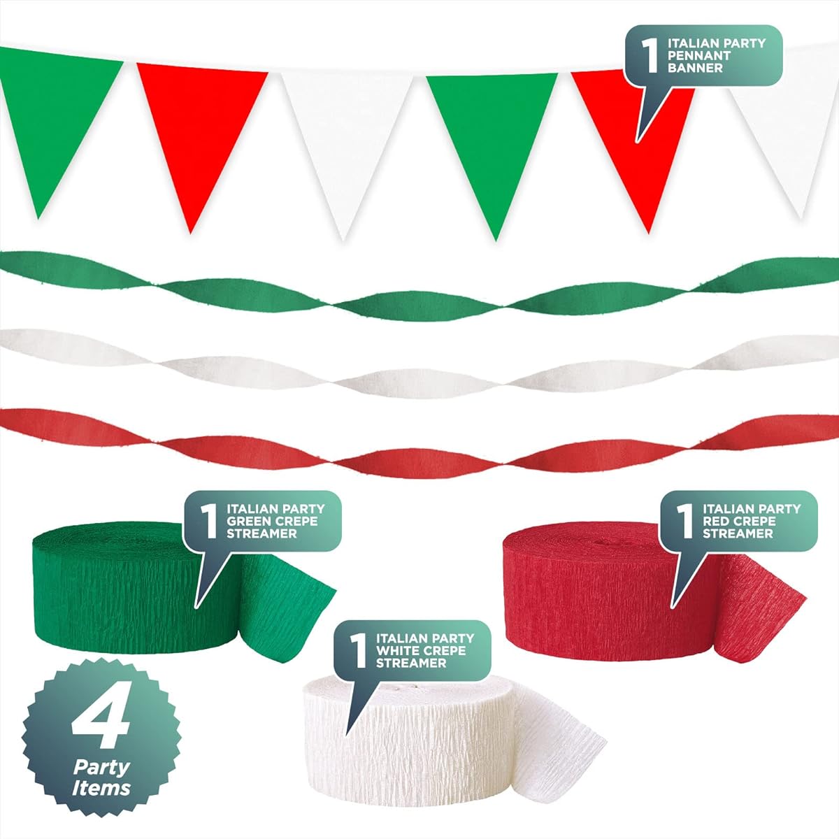 Italian Party Supplies - Italian Flag Red White Green Crepe Streamers Pennant Banner Set