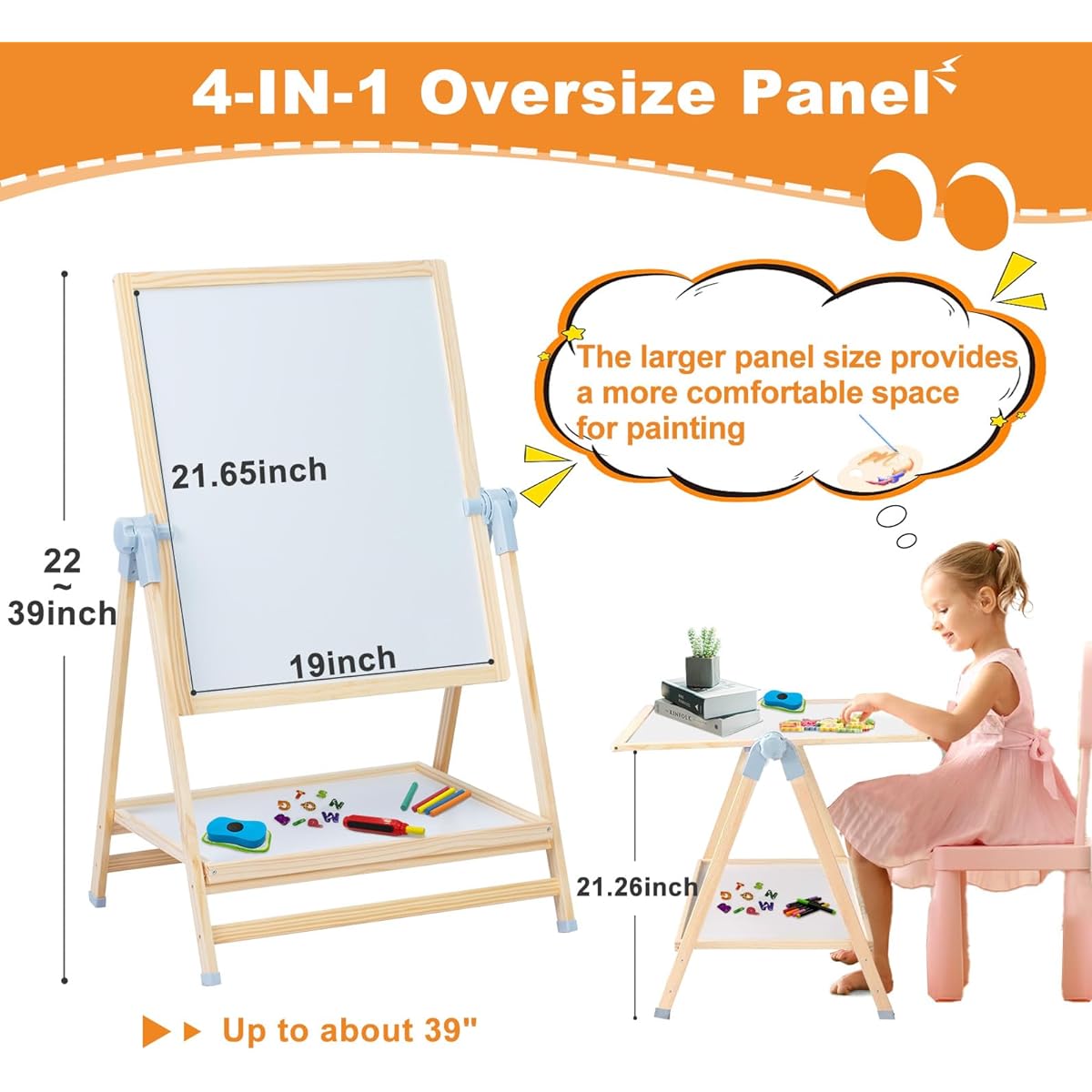 Weudear Kids Easel, Double Sided Wooden Easel Stand, 4 in 1 Whiteboard & Magnetic Drawing Board & Tabletop Easel, Art Easel 2-4 4-8 9-12 Adjustable Height 22-39 Inch