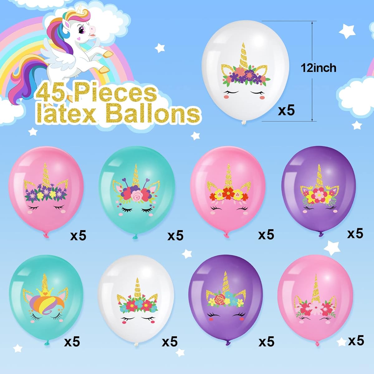 Unicorn Balloons 45pcs Unicorn Latex Balloons Rainbow Party Balloons Arch Kit Column Garland Balloons for Girls Birthday Unicorn Theme Baby Shower Ideal Party Decoration Supplies