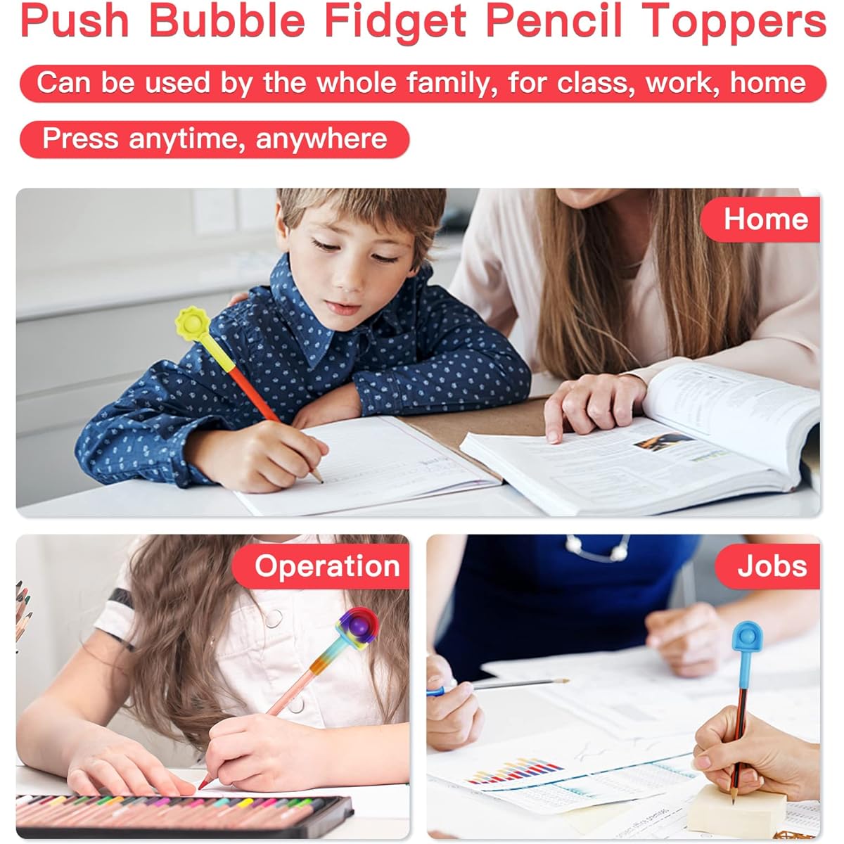 8 Pack Fidget Pencil Toppers for Kids Stress Relief Sensory Packs Push Bubble Fidget Toys Anti-Bite Pencil Tips for Adults Anxiety Autism