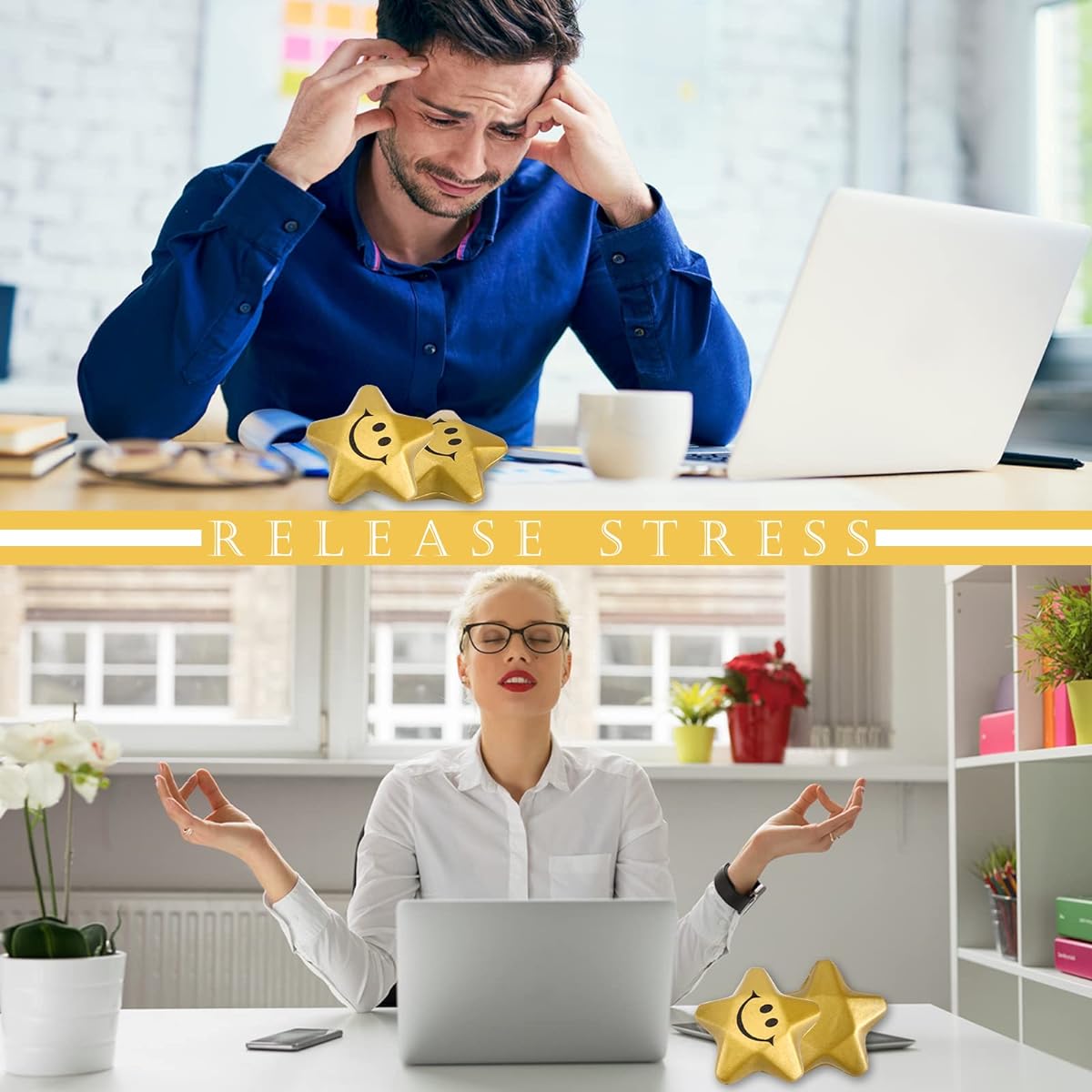 Star Smile Face Stress Relief Balls 36 Pieces Gold 1.6 Inch