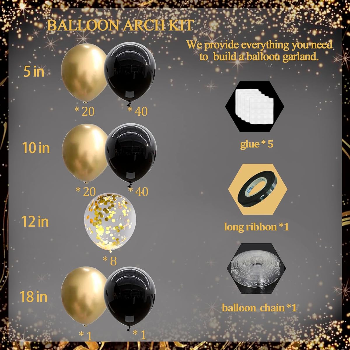 INFLORAL Black & Gold Balloon Garland Arch Kit, 174pcs Black Gold and Gold Confetti Balloons Garland Kit Latex Balloons Set for Birthday Party Wedding Bridal Shower Baby Shower Decorations