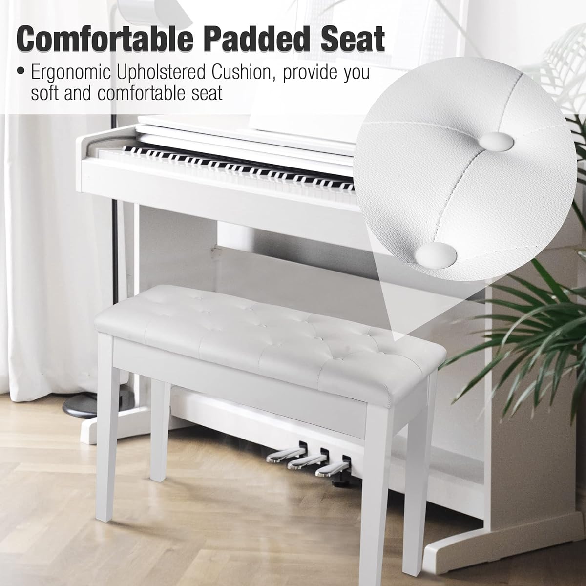 AW Piano Bench Stool Dual PU Padded Keyboard Double Storage Seat 262lb Capacity White