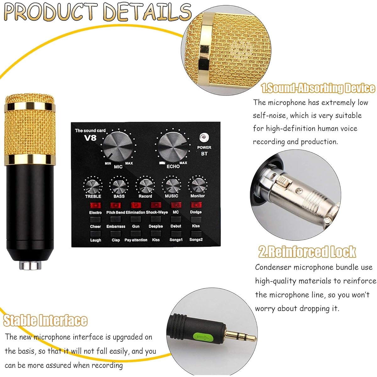 Condenser Microphone Kit, BM-800 Microphone Kit with Live Sound Card, Professional Condenser Computer Cardioid Microphone with Adjustable Microphone Suspension Scissor Arm, for Broadcasting, Recording DDF