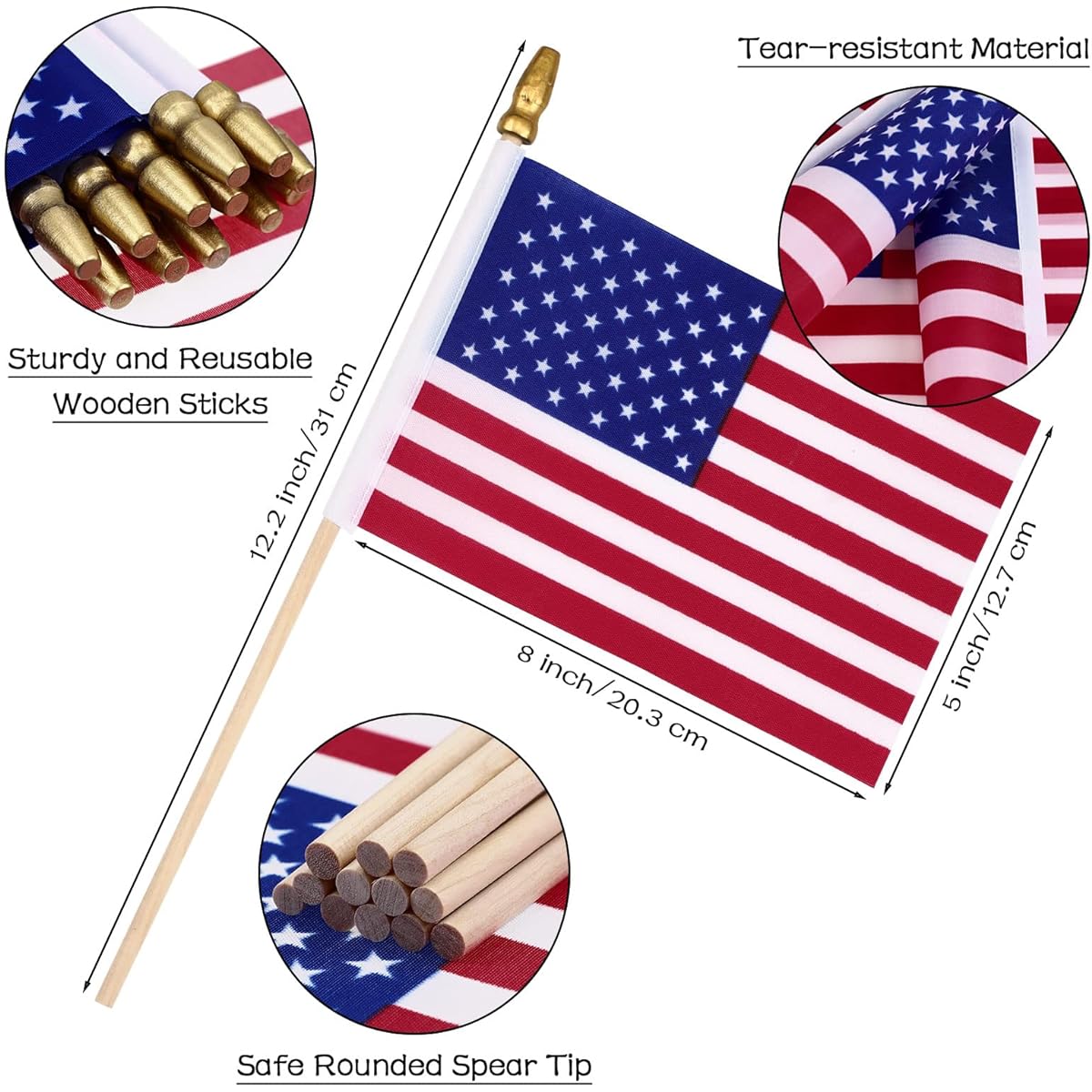 150 Pack Small American Flags on Sticks 5 x 8 Inch Handheld Small United States Flags Mini Handheld Memorial Day Flags with Sturdy Wood Poles and Safety Spear Tips for 4th of July Independence Day Decorations