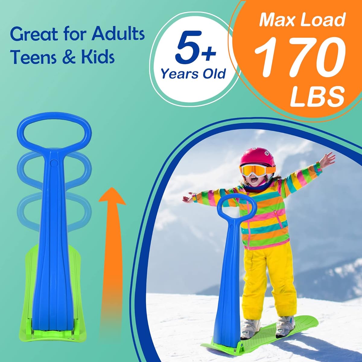 Goplus Ski Scooter Foldable Snowboard with Grip Handle Sliding Snow Sled for Snow Dunes Grass Portable Kick Scooter Sled for Kids Toddlers Teenagers Winter Toys