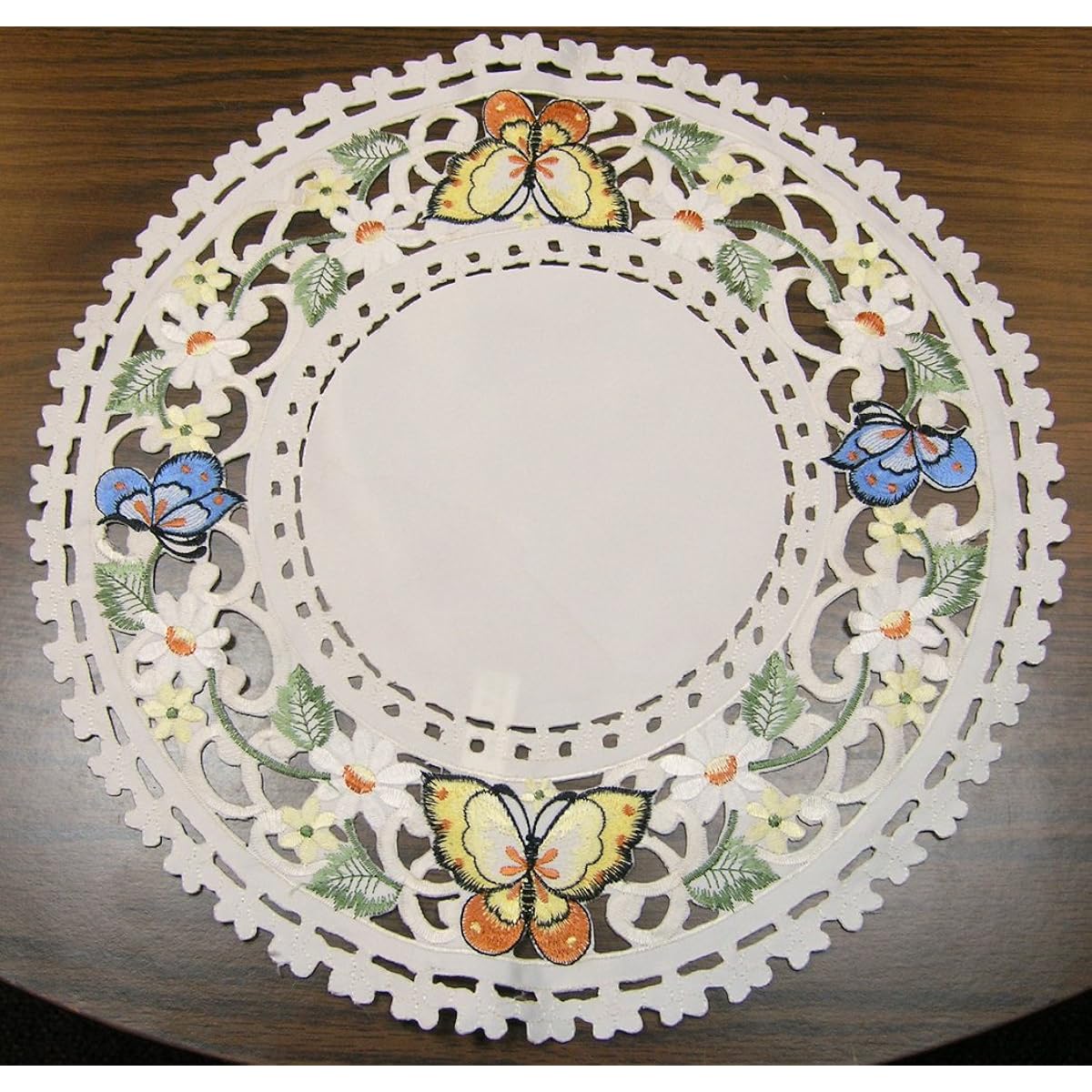 Round Doily or Placemat Multicolor Embroidered Butterfly, Size 15 Inches