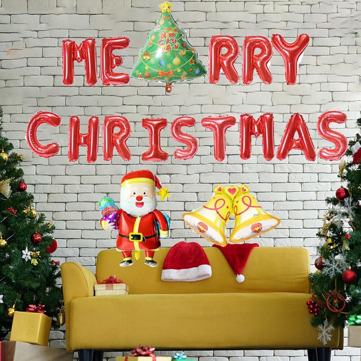 KUNGOON Merry Christmas Red Letter Foil Balloons Big Snowman Christmas Tree Bell Balloons Christmas Party Decoration Supplies Kids Christmas Party Favors (Christmas Red)