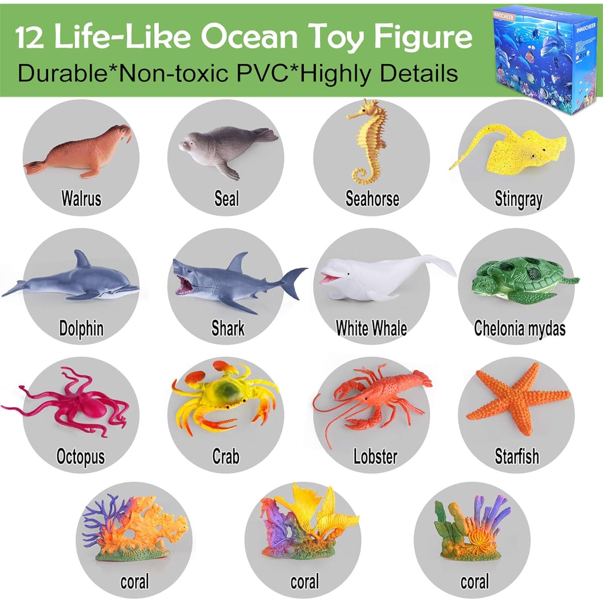 INNOCHEER Sea Animal Toys for Kids, 18 Pack Ocean Animal Toys for Kids Toddlers Boys Girls Age 3-8-12 Sea Creatures Toy Set with Kids Play Mat, Shark, Whale, Dolphin