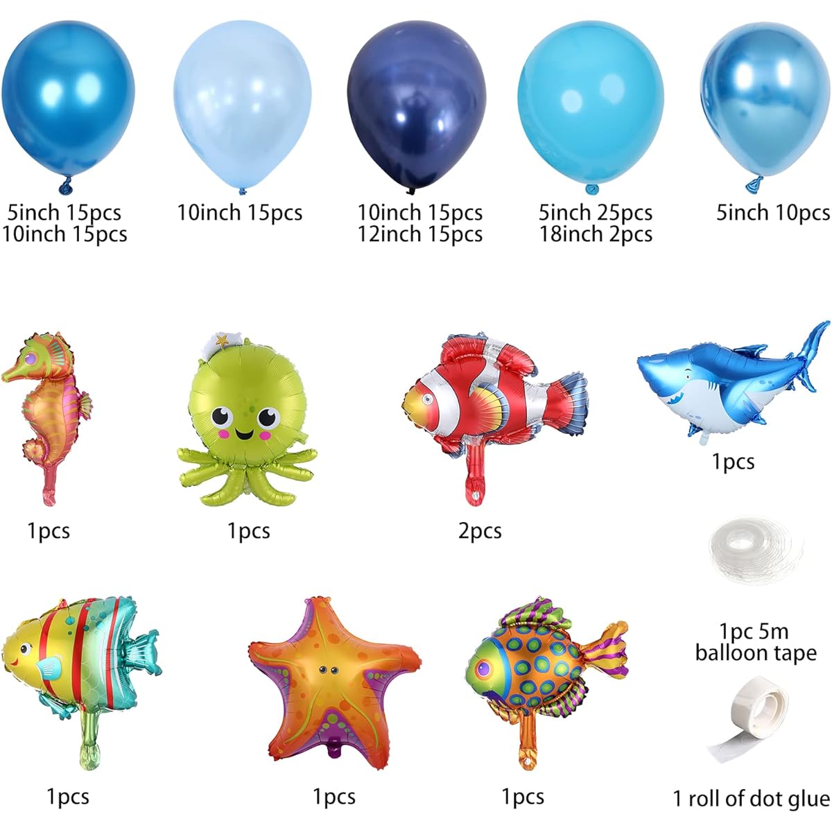 PageebO Ocean Animal Balloon Arch Kit, 120pcs Midnight Blue, Light Blue, Metallic Blue Different Sea Animal Balloons for Birthday Party