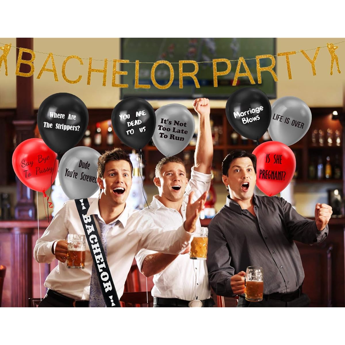 BroSash Funny Bachelor Party Decorations (Gold Bachelor Banner, Bachelor Sash, 16 Funny Party Balloons, 8 Bachelor Party Rule Cards) 26 Piece Set Bachelor Party Supplies Gifts