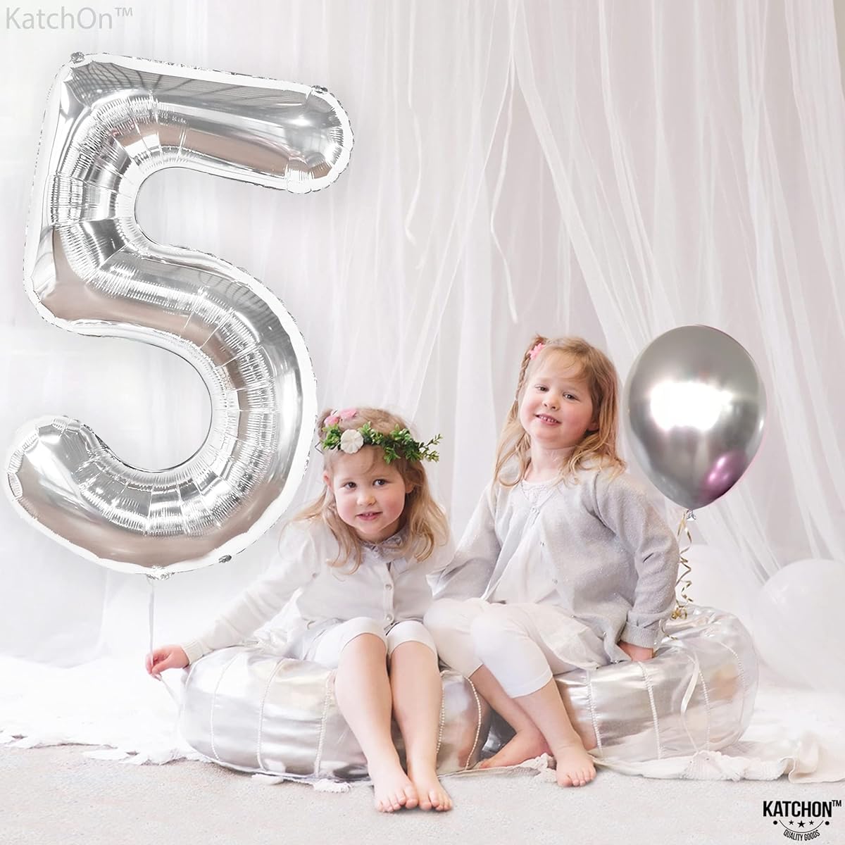 KatchOn Big Silver Number 5 Balloon - 40 Inch | Number 5 Balloon Silver 5th Birthday Decorations for Girls | 5th Balloon 5th Birthday Decorations