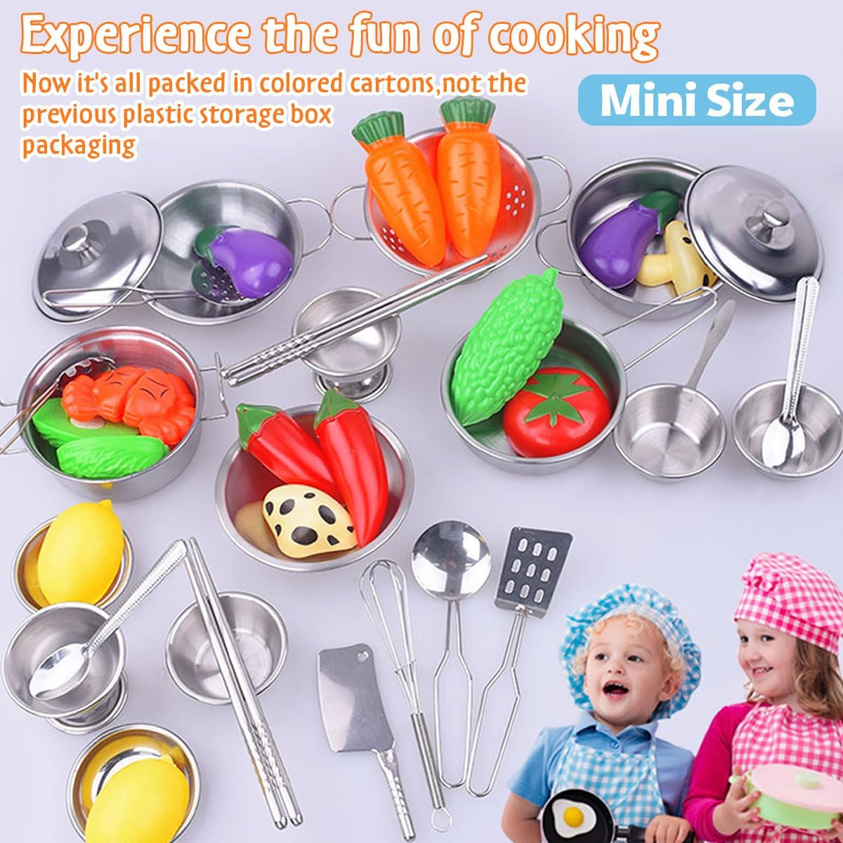 23 Pieces Stainless Steel Kitchen Toys Pretend Play Pots Pans Cookware Kits for Kids, Come With a Handy Storage Box