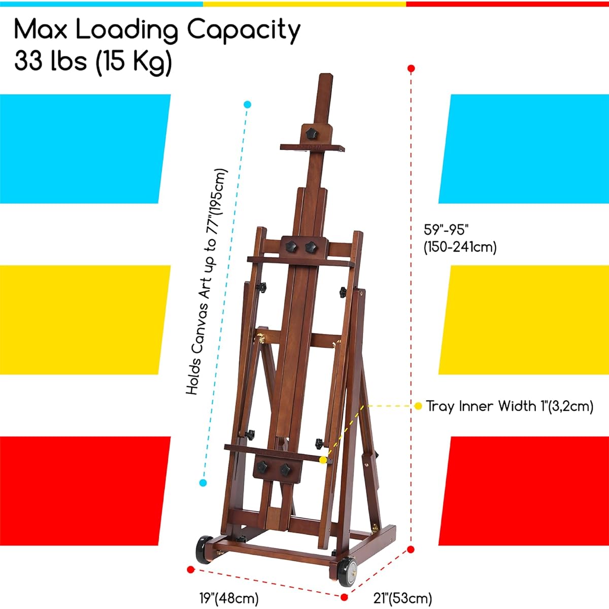p to 195cm, Adjustable Angle, Can Be Placed Horizontally, Foldable for Storage, H-Shaped Frame, High Stability, Wooden Easel, Stand Easel, Studio Easel, Sketch Easel, For Fine Arts, For Painting, For Office Use, For Artists, Students, Adults, Sepia Color
