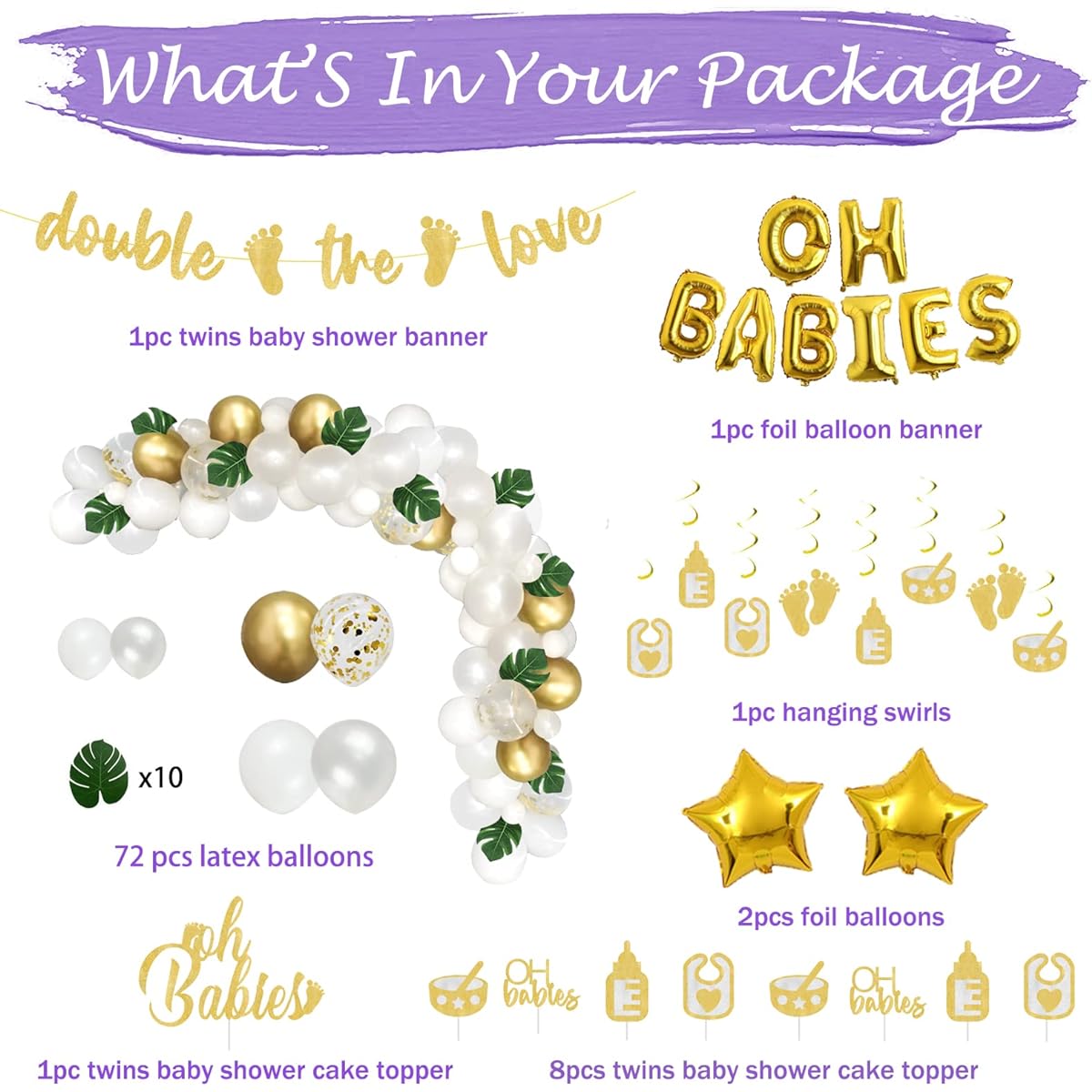 Fiesec Oh Babies Foil Confetti Balloons Twins Baby Shower Decorations 110 Pieces Artificial Leaves Double The Love Glitter Banner Hanging Swirl Cake Cupcake Toppers Gold White Green