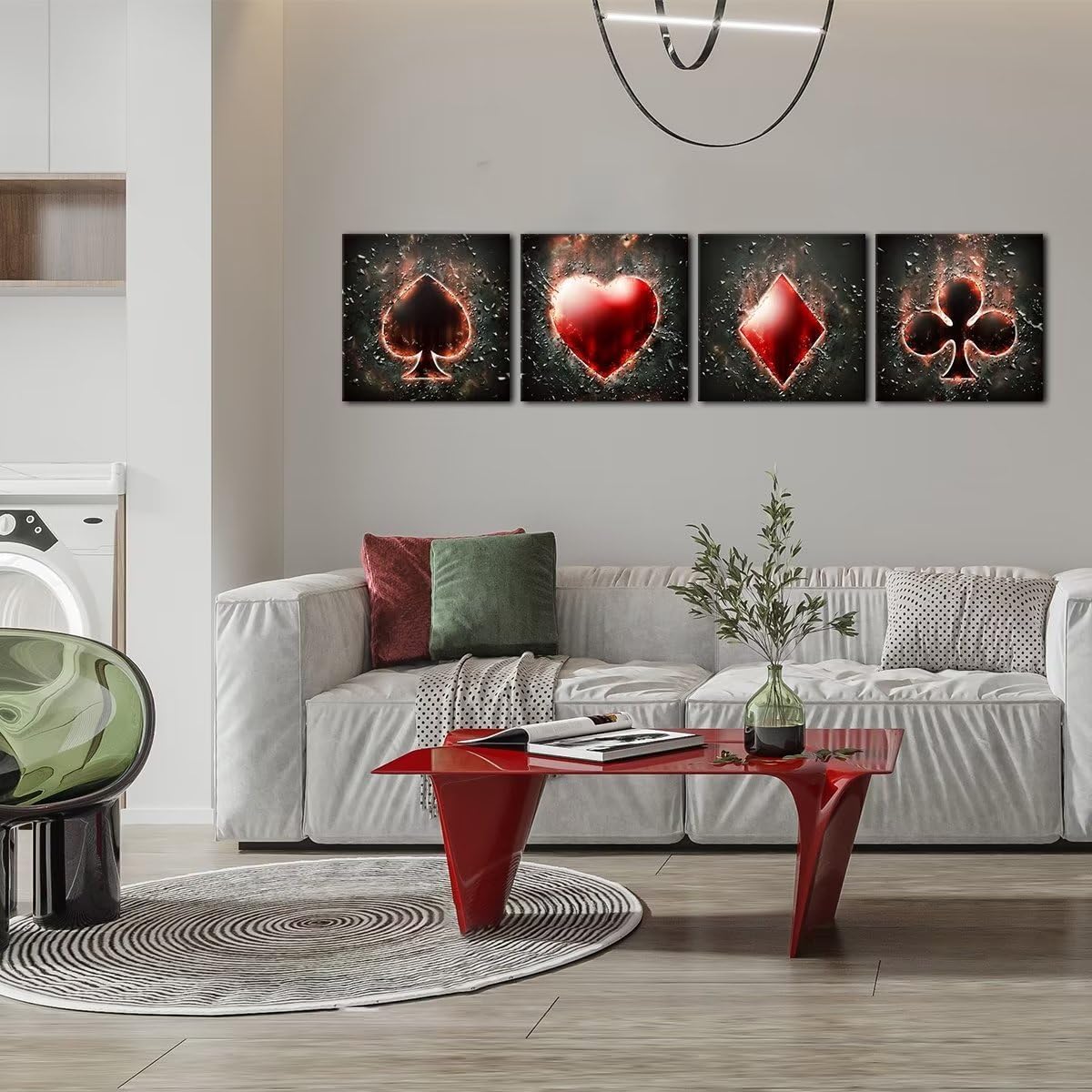 Heatsprits Playing Cards Wall Art Casino Game Room Poker Painting Black and Red Wall Decor Diamonds Spades Clubs Hearts Pattern Pictures for Club Office Bar Hotel Playroom Home (16"W x 16"H x 4")