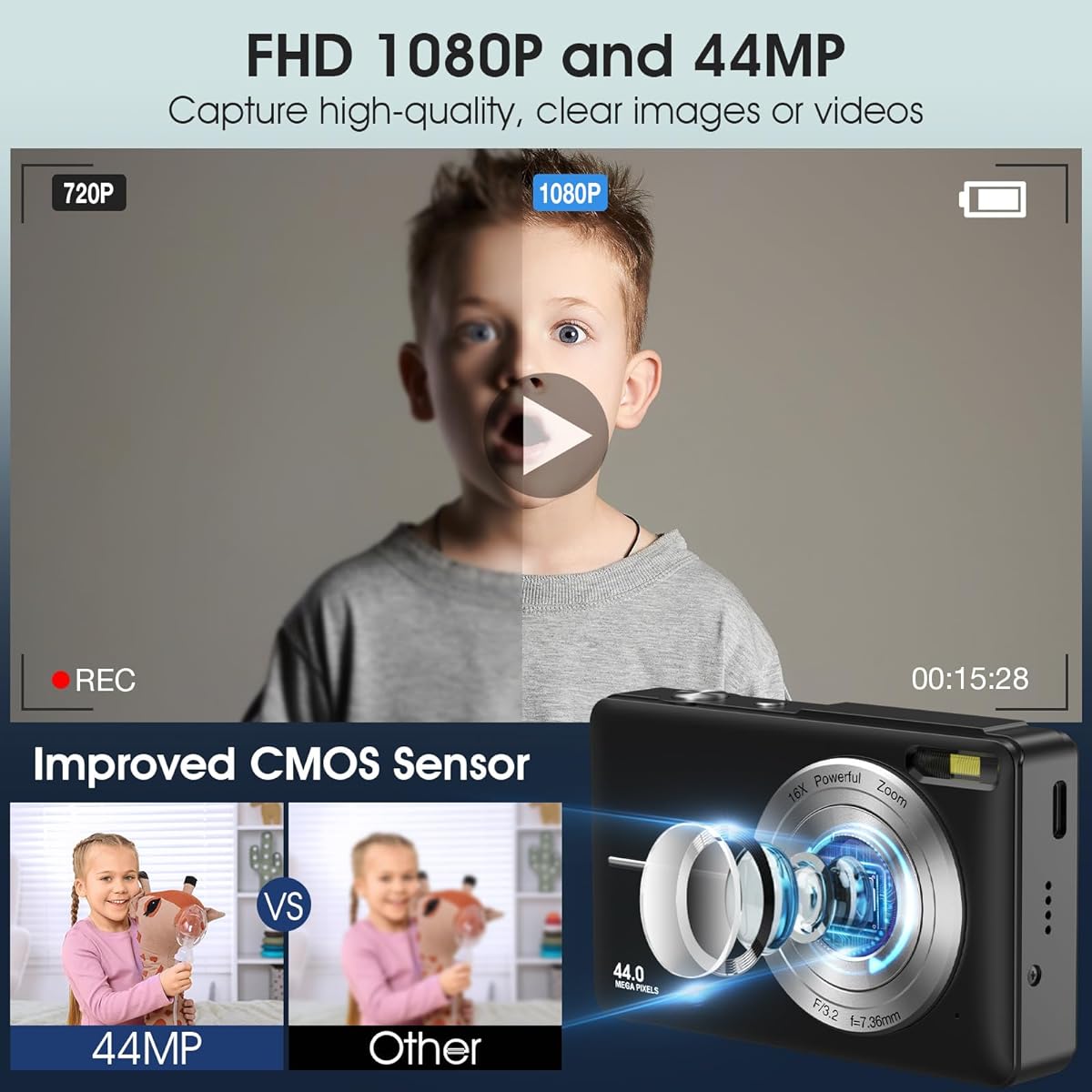 mera, Handshake Correction, 16x Digital Zoom, 2.4 Inch IPS Screen, Lightweight, Portable, Kids Camera, Selfie Camera, Video Camera, Boys, Girls, Children's Day, Birthday Present, Graduation, Entrance Ceremony, Kindergarten Entrance Ceremony Gift (black3)