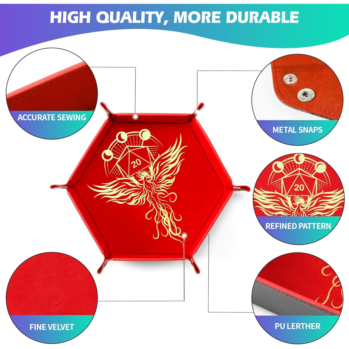 Grajar Portable Foldable Dice Rolling Tray Set of 2 for RPG DND Table Games, PU Leather and Velvet Holder Storage Box Dragon and Phoenix